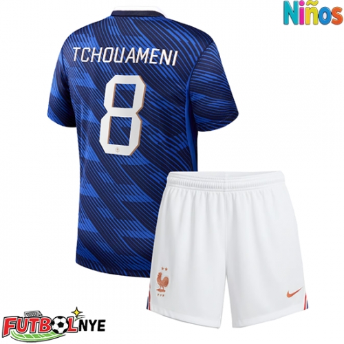 Camiseta Francia Aurelien Tchouameni #8 Primera Equipación para niños Mundial 2026 manga corta (+ pantalones cortos)